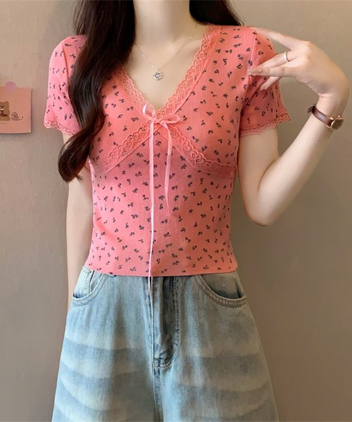 Lace Ladies(レースレディース)の「Vネック 花柄 レース リボン 半袖 リブ トップス(Tシャツ/カットソー・レディース・ホワイト/ブラック/グレー/ピンク/グリーン・FREE)」の11枚目の写真