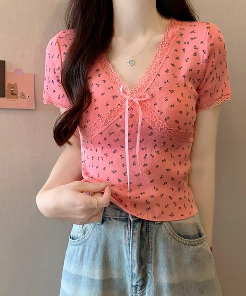 Lace Ladies(レースレディース)の「Vネック 花柄 レース リボン 半袖 リブ トップス(Tシャツ/カットソー・レディース・ホワイト/ブラック/グレー/ピンク/グリーン・FREE)」の12枚目の写真