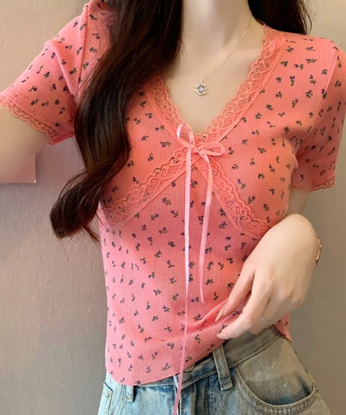 Lace Ladies(レースレディース)の「Vネック 花柄 レース リボン 半袖 リブ トップス(Tシャツ/カットソー・レディース・ホワイト/ブラック/グレー/ピンク/グリーン・FREE)」の13枚目の写真