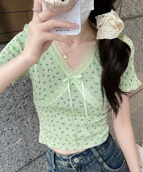 Lace Ladies(レースレディース)の「Vネック 花柄 レース リボン 半袖 リブ トップス(Tシャツ/カットソー・レディース・ホワイト/ブラック/グレー/ピンク/グリーン・FREE)」の14枚目の写真