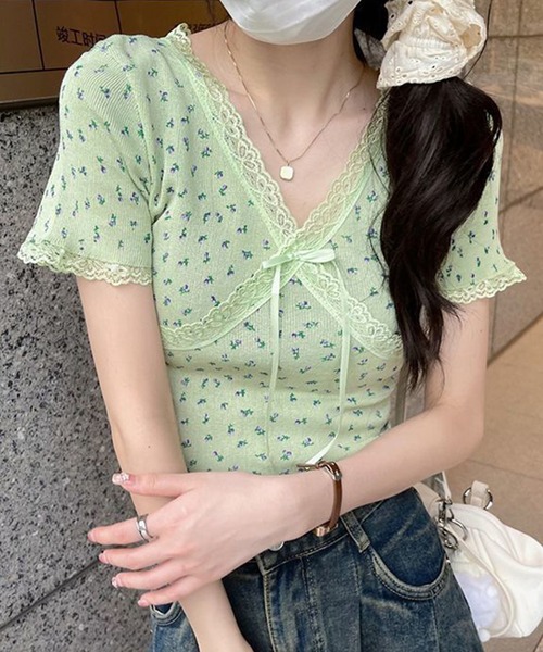 Lace Ladies(レースレディース)の「Vネック 花柄 レース リボン 半袖 リブ トップス(Tシャツ/カットソー・レディース・ホワイト/ブラック/グレー/ピンク/グリーン・FREE)」の15枚目の写真