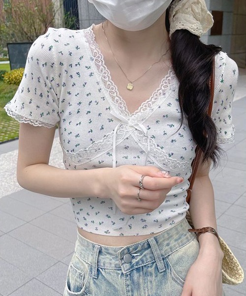 Lace Ladies(レースレディース)の「Vネック 花柄 レース リボン 半袖 リブ トップス(Tシャツ/カットソー・レディース・ホワイト/ブラック/グレー/ピンク/グリーン・FREE)」の20枚目の写真