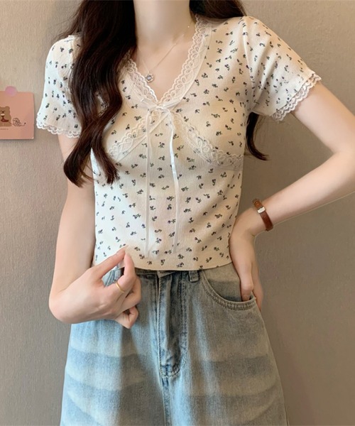セール】Vネック 花柄 レース リボン 半袖 リブ トップス（T
