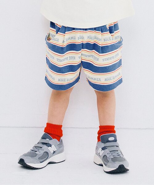 ロゴ入りトップスとボーダー柄ショートパンツのセット 新品 セール】【セットアップ可】夏だいすきロゴボーダーハーフパンツ