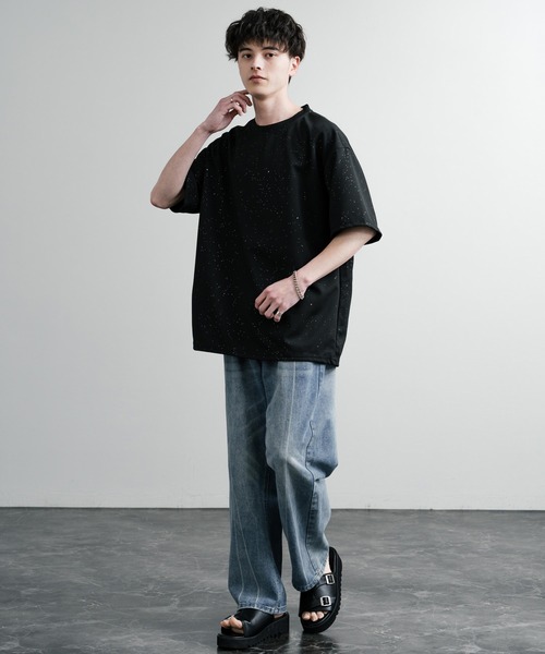 セール】オーバーサイズ銀箔スプラッシュルーズ半袖Tシャツ（T