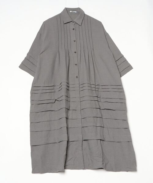 sandy（サンディー）の「麻混レギュラーカラータックシャツOP（ワンピース・レディース・グレー/サーモンピンク/キナリ・FREE）」の2枚目の写真