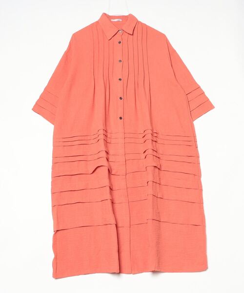 sandy（サンディー）の「麻混レギュラーカラータックシャツOP（ワンピース・レディース・グレー/サーモンピンク/キナリ・FREE）」の3枚目の写真