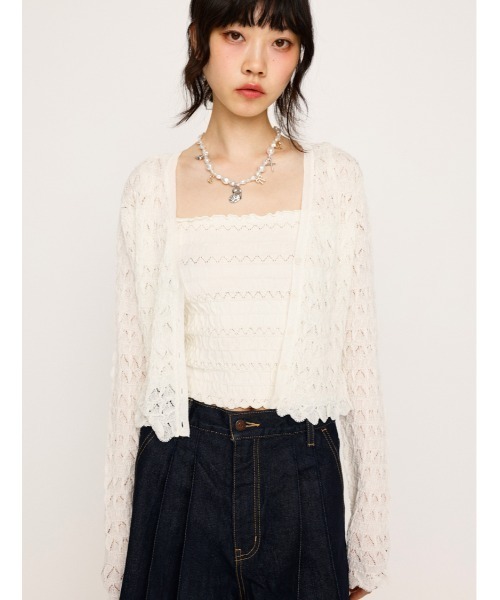 SLY（スライ）の「V/N SHIRRING KNIT C/D ブイネック シャーリング ニット カーディガン 夏服 春服（カーディガン/ボレロ・レディース・ライトパープル/アイボリー/ブラック・FREE）」の2枚目の写真