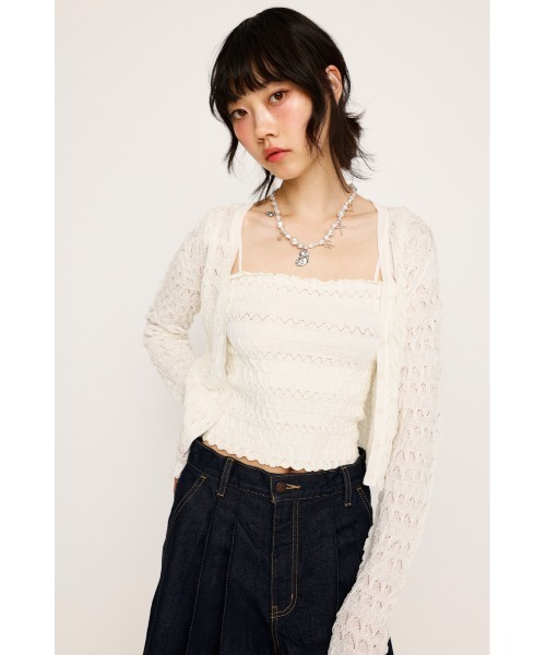 SLY（スライ）の「V/N SHIRRING KNIT C/D ブイネック シャーリング ニット カーディガン 夏服 春服（カーディガン/ボレロ・レディース・ライトパープル/アイボリー/ブラック・FREE）」の5枚目の写真