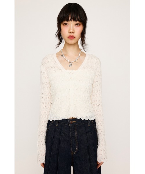 SLY（スライ）の「V/N SHIRRING KNIT C/D ブイネック シャーリング ニット カーディガン 夏服 春服（カーディガン/ボレロ・レディース・ライトパープル/アイボリー/ブラック・FREE）」の6枚目の写真