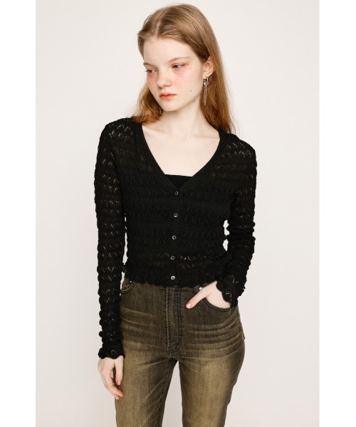 SLY（スライ）の「V/N SHIRRING KNIT C/D ブイネック シャーリング ニット カーディガン 夏服 春服（カーディガン/ボレロ・レディース・ライトパープル/アイボリー/ブラック・FREE）」の10枚目の写真