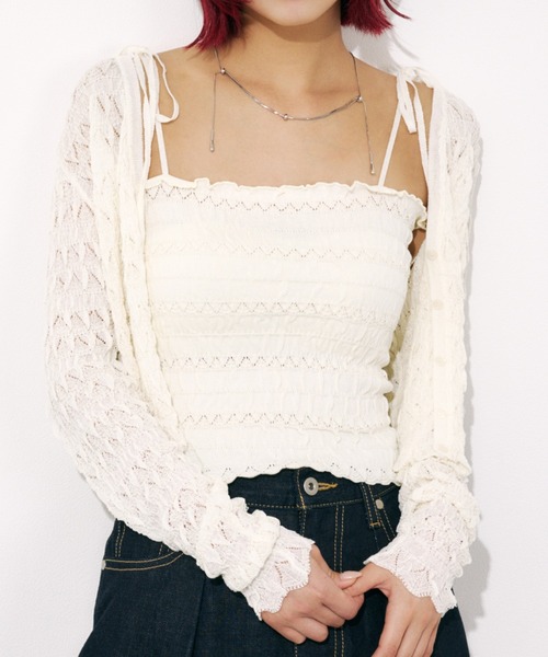 SLY（スライ）の「V/N SHIRRING KNIT C/D ブイネック シャーリング ニット カーディガン 夏服 春服（カーディガン/ボレロ・レディース・ライトパープル/アイボリー/ブラック・FREE）」の7枚目の写真