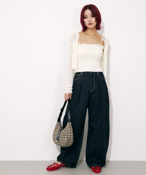 SLY（スライ）の「V/N SHIRRING KNIT C/D ブイネック シャーリング ニット カーディガン 夏服 春服（カーディガン/ボレロ・レディース・ライトパープル/アイボリー/ブラック・FREE）」の8枚目の写真