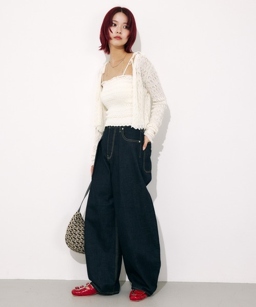 SLY（スライ）の「V/N SHIRRING KNIT C/D ブイネック シャーリング ニット カーディガン 夏服 春服（カーディガン/ボレロ・レディース・ライトパープル/アイボリー/ブラック・FREE）」の9枚目の写真