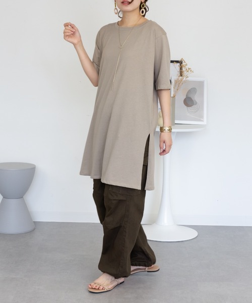 RCD(アールシーディー)の「コットン5分袖チュニックTシャツ(Tシャツ/カットソー・レディース・モカ/ブラック/カーキ/グレイッシュベージュ/オフホワイト・F)」の8枚目の写真