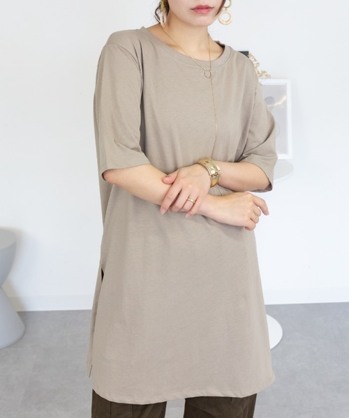 RCD(アールシーディー)の「コットン5分袖チュニックTシャツ(Tシャツ/カットソー・レディース・モカ/ブラック/カーキ/グレイッシュベージュ/オフホワイト・F)」の9枚目の写真