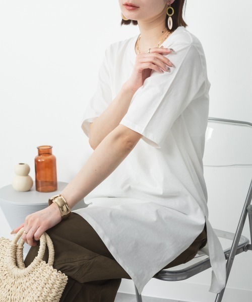 RCD(アールシーディー)の「コットン5分袖チュニックTシャツ(Tシャツ/カットソー・レディース・モカ/ブラック/カーキ/グレイッシュベージュ/オフホワイト・F)」の13枚目の写真