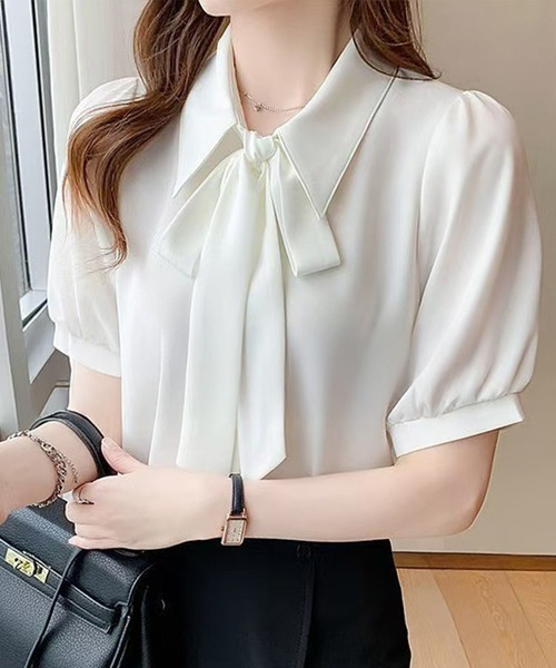 DAY CLOSET(デイ クローゼット)の「レディース ぽわんと可愛い。半袖ボウタイリボンブラウス(シャツ/ブラウス・レディース・ホワイト・M/XL/L)」の2枚目の写真