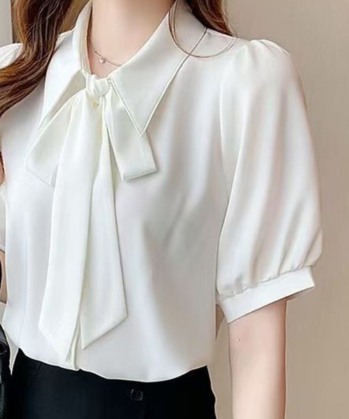DAY CLOSET(デイ クローゼット)の「レディース ぽわんと可愛い。半袖ボウタイリボンブラウス(シャツ/ブラウス・レディース・ホワイト・M/XL/L)」の7枚目の写真