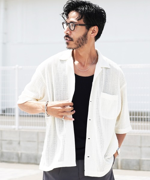 jiggys shop(ジギーズショップ)の「メッシュ ドライタッチ ビッグシルエット オープンカラー シア―シャツ(シャツ/ブラウス・メンズ・アイボリー/ブラック/カーキ・LARGE/X-LARGE/MEDIUM)」の8枚目の写真