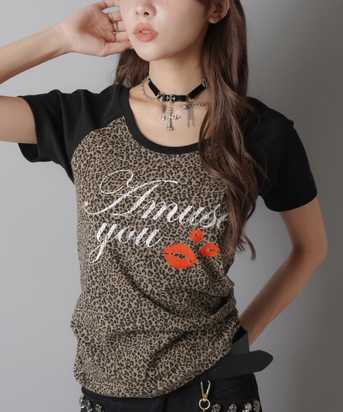 SPINNS(スピンズ)の「ラグラン半袖Tシャツ//ヒョウ柄リップ/レオパード(Tシャツ/カットソー・レディース・オフホワイト/ブラック系その他/ブラック・ONESIZE)」の8枚目の写真