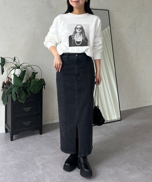 prose verse(プロズヴェール)の「ストレッチデニムナロースカート(デニムスカート・レディース・ブラック/サックスブルー・LARGE/PL/PM/MEDIUM)」の3枚目の写真