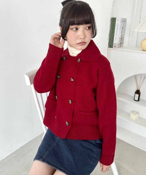 セール】ダブルボタン襟付きニットカーディガン（ニット