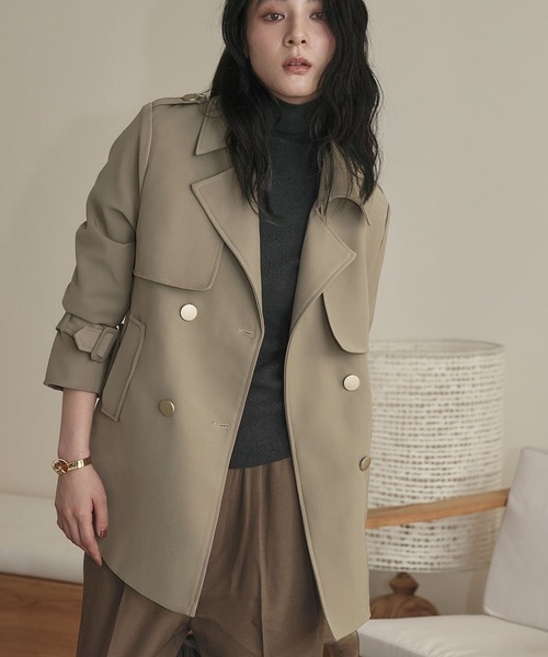 LOWO(ロワ)の「トレンチコート ミドル丈 ハーフコート 金ボタン 秋 冬(トレンチコート・レディース・カーキ/ブラック/ベージュ・M/L)」の17枚目の写真