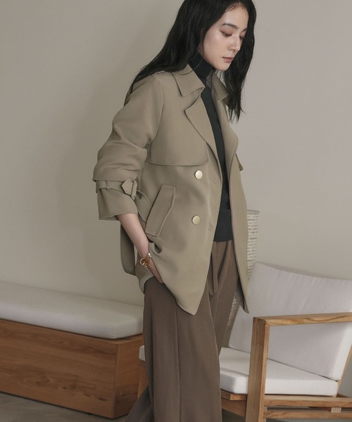 LOWO(ロワ)の「トレンチコート ミドル丈 ハーフコート 金ボタン 秋 冬(トレンチコート・レディース・カーキ/ブラック/ベージュ・M/L)」の5枚目の写真