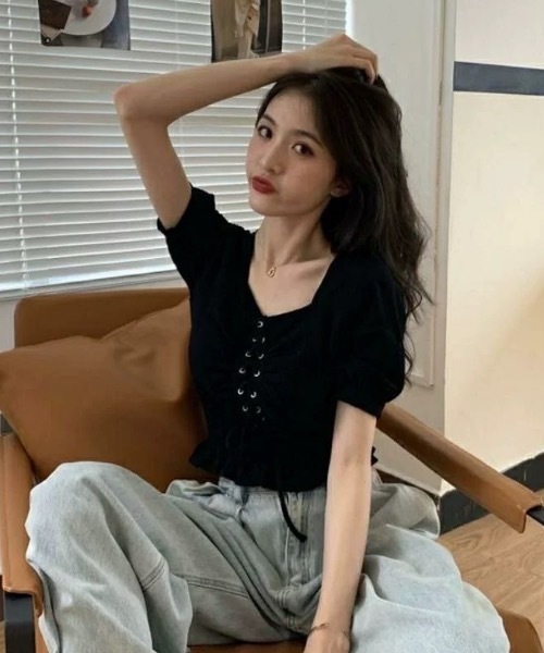 FUNdaysion(ファンデイション)の「レースアップブラウス(Tシャツ/カットソー・レディース・ホワイト/ブラック・M)」の3枚目の写真