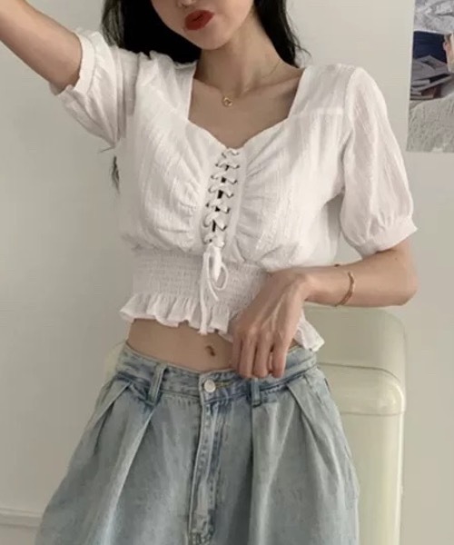 FUNdaysion(ファンデイション)の「レースアップブラウス(Tシャツ/カットソー・レディース・ホワイト/ブラック・M)」の4枚目の写真