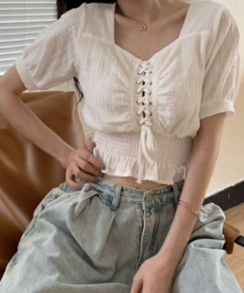 FUNdaysion(ファンデイション)の「レースアップブラウス(Tシャツ/カットソー・レディース・ホワイト/ブラック・M)」の9枚目の写真
