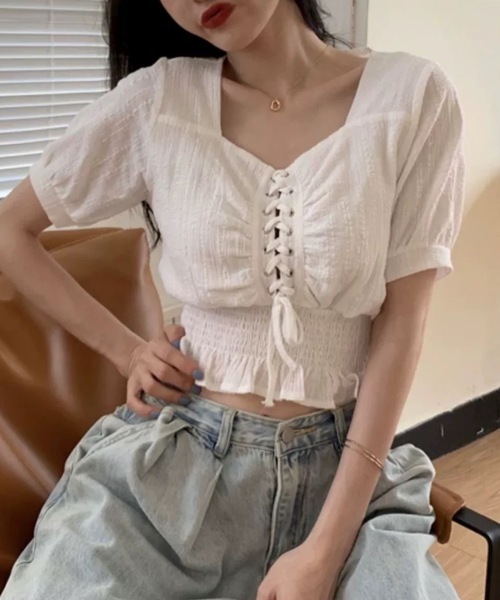 FUNdaysion(ファンデイション)の「レースアップブラウス(Tシャツ/カットソー・レディース・ホワイト/ブラック・M)」の12枚目の写真
