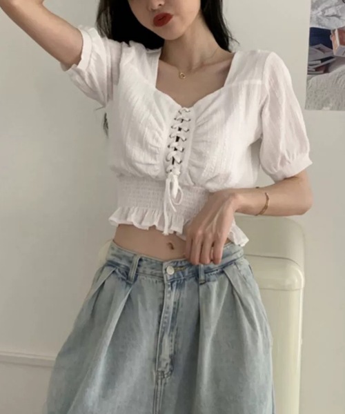 FUNdaysion(ファンデイション)の「レースアップブラウス(Tシャツ/カットソー・レディース・ホワイト/ブラック・M)」の13枚目の写真
