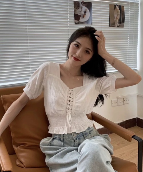 FUNdaysion(ファンデイション)の「レースアップブラウス(Tシャツ/カットソー・レディース・ホワイト/ブラック・M)」の15枚目の写真