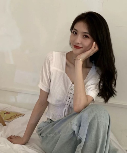 FUNdaysion(ファンデイション)の「レースアップブラウス(Tシャツ/カットソー・レディース・ホワイト/ブラック・M)」の16枚目の写真