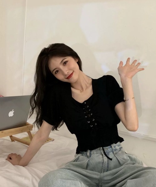 FUNdaysion(ファンデイション)の「レースアップブラウス(Tシャツ/カットソー・レディース・ホワイト/ブラック・M)」の18枚目の写真