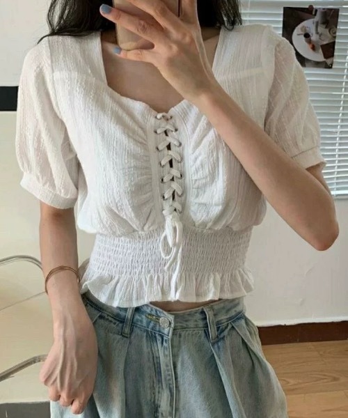FUNdaysion(ファンデイション)の「レースアップブラウス(Tシャツ/カットソー・レディース・ホワイト/ブラック・M)」の19枚目の写真
