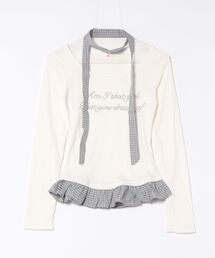 Never mind the XU / Chikashitsu+ | 【nmtc +】tie set check lace long sleeve / 【エヌエムティーシープラス】タイ付きチェックレース切り替え長袖Tシャツ(Tシャツ/カットソー)