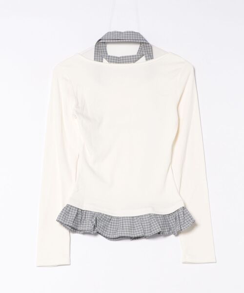 Never mind the XU / Chikashitsu+(ネバーマインド ザ エックスユー / チカシツプラス)の「【nmtc+】tie set check lace long sleeve / 【エヌエムティーシープラス】タイ付きチェックレース切り替え長袖Tシャツ(Tシャツ/カットソー・レディース・ホワイト/チャコール/グレー・ONE SIZE)」の5枚目の写真