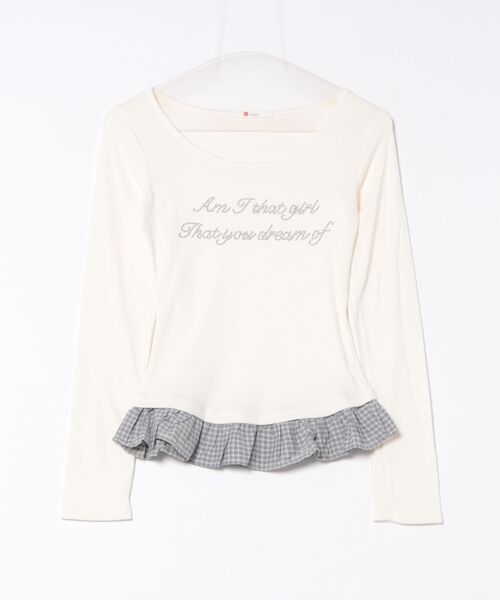 Never mind the XU / Chikashitsu+(ネバーマインド ザ エックスユー / チカシツプラス)の「【nmtc+】tie set check lace long sleeve / 【エヌエムティーシープラス】タイ付きチェックレース切り替え長袖Tシャツ(Tシャツ/カットソー・レディース・ホワイト/チャコール/グレー・ONE SIZE)」の4枚目の写真