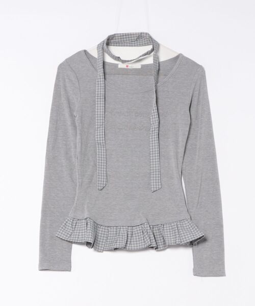 Never mind the XU / Chikashitsu+(ネバーマインド ザ エックスユー / チカシツプラス)の「【nmtc+】tie set check lace long sleeve / 【エヌエムティーシープラス】タイ付きチェックレース切り替え長袖Tシャツ(Tシャツ/カットソー・レディース・ホワイト/チャコール/グレー・ONE SIZE)」の7枚目の写真