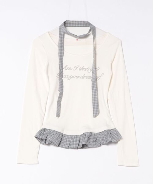Never mind the XU / Chikashitsu+(ネバーマインド ザ エックスユー / チカシツプラス)の「【nmtc+】tie set check lace long sleeve / 【エヌエムティーシープラス】タイ付きチェックレース切り替え長袖Tシャツ(Tシャツ/カットソー・レディース・ホワイト/チャコール/グレー・ONE SIZE)」の6枚目の写真