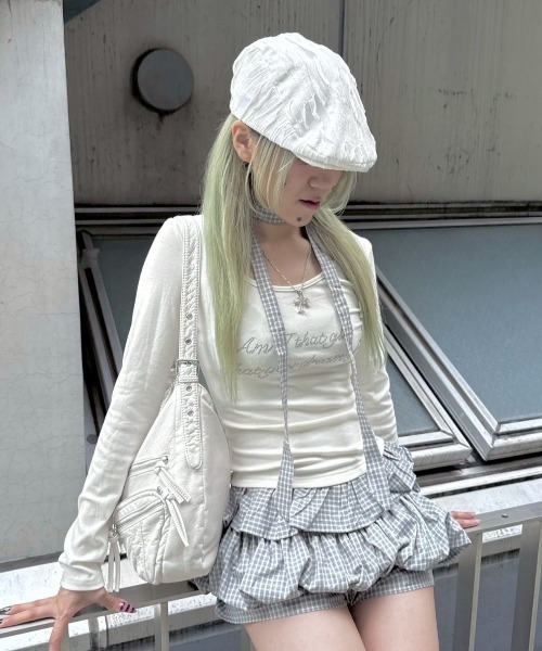 Never mind the XU / Chikashitsu+(ネバーマインド ザ エックスユー / チカシツプラス)の「【nmtc+】tie set check lace long sleeve / 【エヌエムティーシープラス】タイ付きチェックレース切り替え長袖Tシャツ(Tシャツ/カットソー・レディース・ホワイト/チャコール/グレー・ONE SIZE)」の8枚目の写真