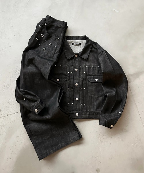 kutir（クティール）の「STUDS DESIGN RIGID SHORT DENIM JACKET／スタッズデザインリジットショートデニムジャケット（デニムジャケット・メンズ・インディゴブルー/ブラック・LARGE/MEDIUM）」の9枚目の写真
