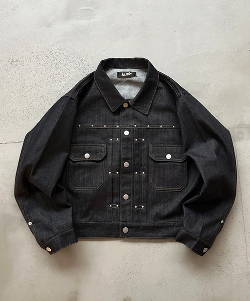 kutir（クティール）の「STUDS DESIGN RIGID SHORT DENIM JACKET／スタッズデザインリジットショートデニムジャケット（デニムジャケット・メンズ・インディゴブルー/ブラック・LARGE/MEDIUM）」の14枚目の写真