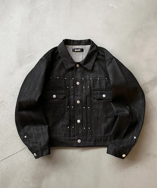 kutir（クティール）の「STUDS DESIGN RIGID SHORT DENIM JACKET／スタッズデザインリジットショートデニムジャケット（デニムジャケット・メンズ・インディゴブルー/ブラック・LARGE/MEDIUM）」の15枚目の写真
