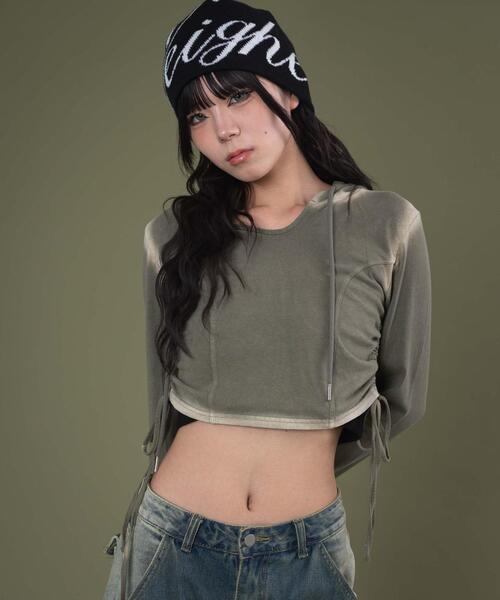 dispark（ディスパーク）の「DISPARK/【25年秋冬新作】サイドギャザーブリーチフーディー（Tシャツ/カットソー・レディース・カーキ/ブラック・FREE）」の4枚目の写真