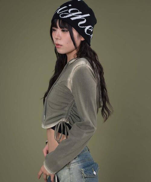 dispark（ディスパーク）の「DISPARK/【25年秋冬新作】サイドギャザーブリーチフーディー（Tシャツ/カットソー・レディース・カーキ/ブラック・FREE）」の5枚目の写真