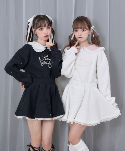 Honey Cinnamon（ハニーシナモン）の「袖ビジュー裏起毛スウェットワンピース（ワンピース・レディース・ホワイト/ブラック・FREE）」の3枚目の写真